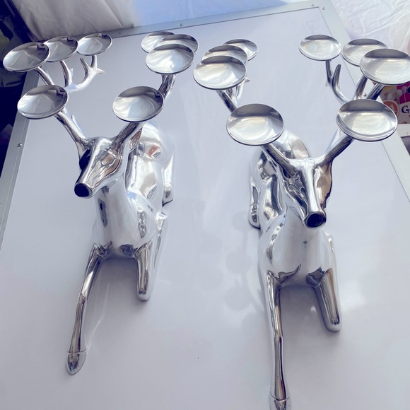 CRATE & BARREL Reindeer Candle Holders Set..2 Pc Silver